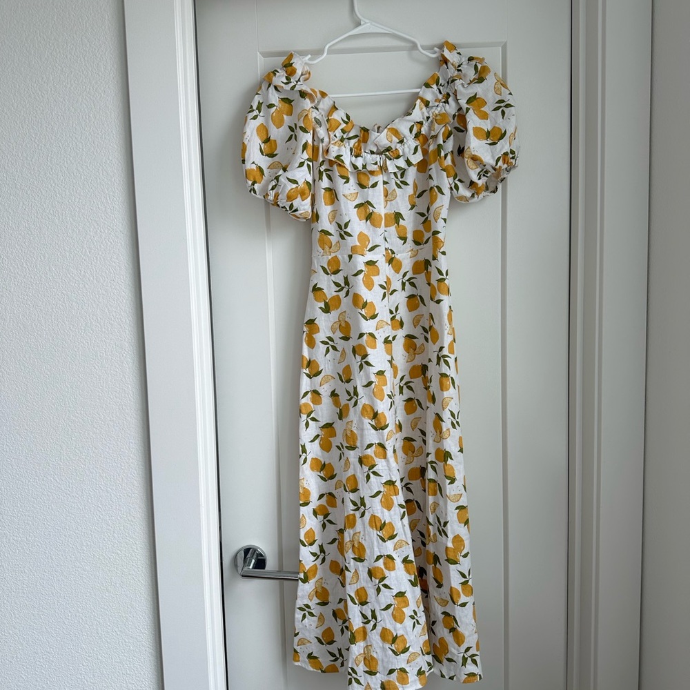 Reformation Marley 100% Linen Off The Shoulder Lemon Print Midi Dress Size 4 - Picture 5 of 8